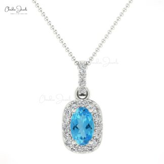 Oval Halo Pendant in 14k Solid Gold With 7x5mm Swiss Blue Topaz And Diamond Necklace