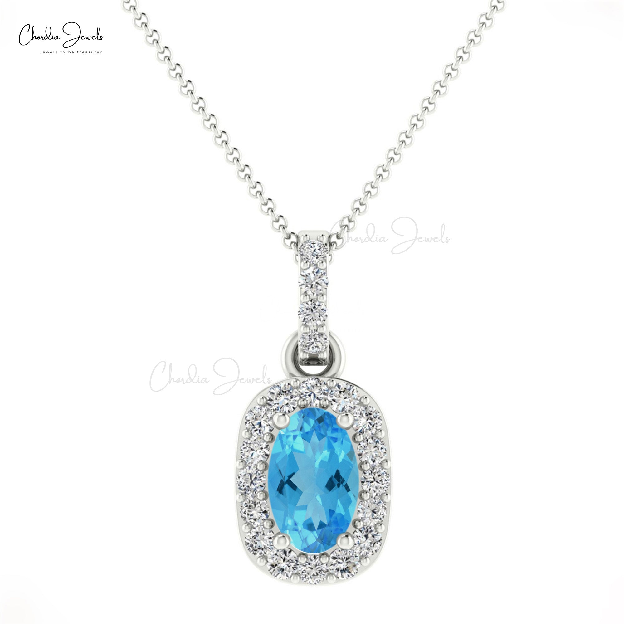 Oval Halo Pendant in 14k Solid Gold With 7x5mm Swiss Blue Topaz And Diamond Necklace