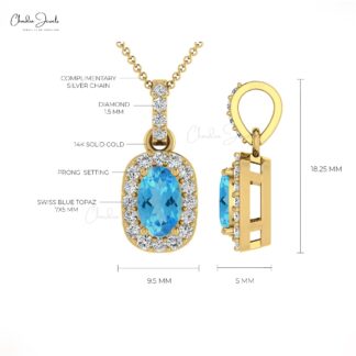 Oval Halo Pendant in 14k Solid Gold With 7x5mm Swiss Blue Topaz And Diamond Necklace
