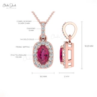 Halo Wedding Pendant in 14k Real Gold Pink Tourmaline And Diamond Unique Pendants