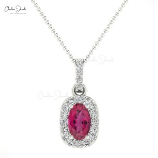Halo Wedding Pendant in 14k Real Gold Pink Tourmaline And Diamond Unique Pendants