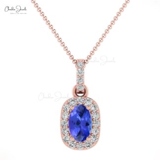 Dainty Diamond Halo Pendant With 7x5mm Tanzanite 14k Real Gold Necklace For Her