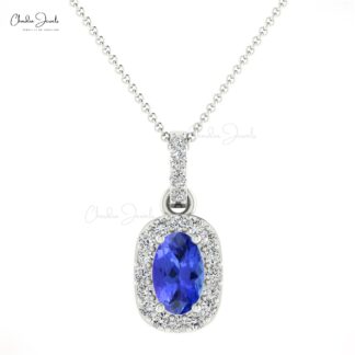 Dainty Diamond Halo Pendant With 7x5mm Tanzanite 14k Real Gold Necklace For Her