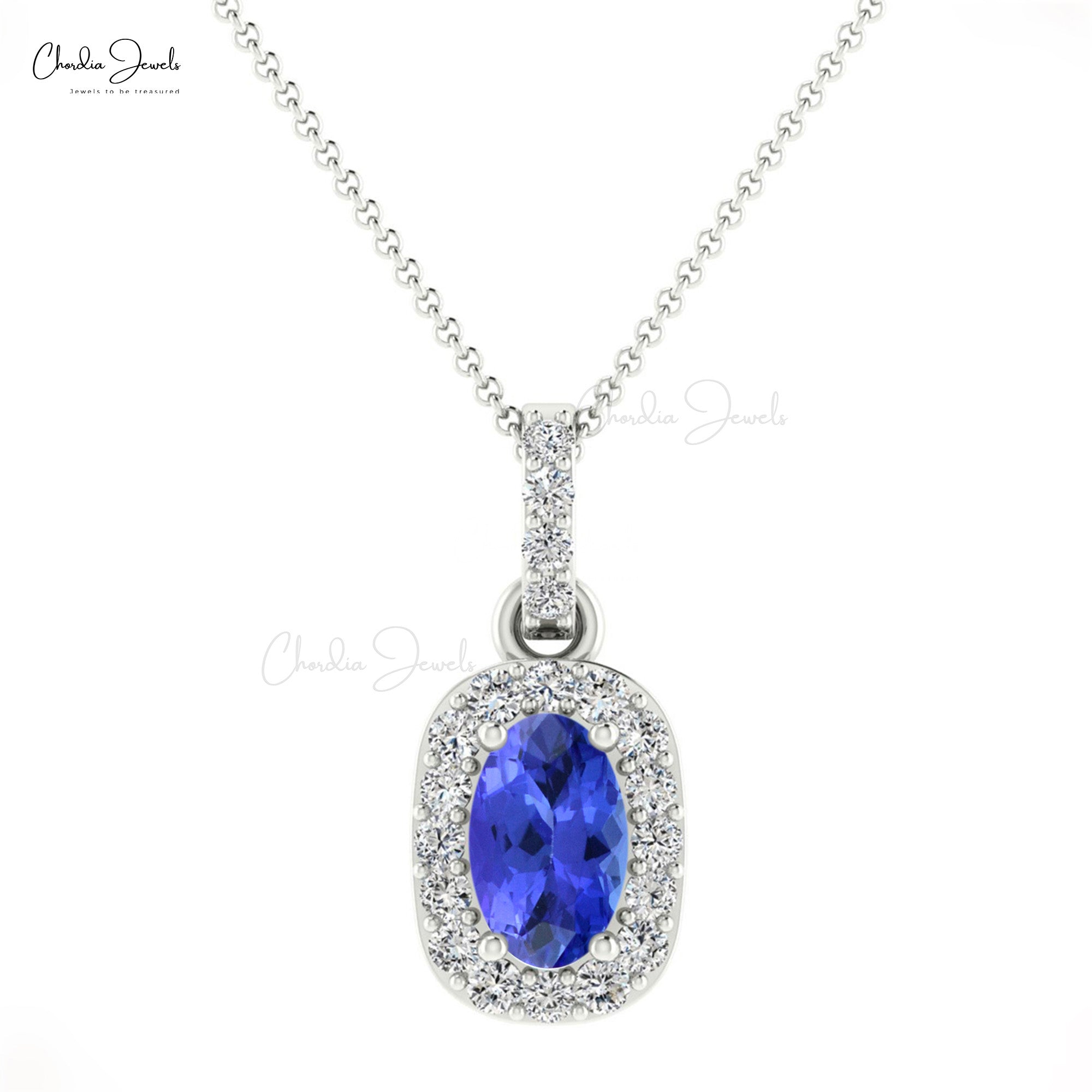 Dainty Diamond Halo Pendant With 7x5mm Tanzanite 14k Real Gold Necklace For Her