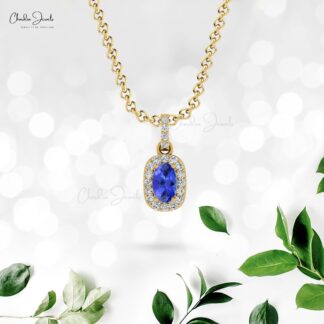 Dainty Diamond Halo Pendant With 7x5mm Tanzanite 14k Real Gold Necklace For Her