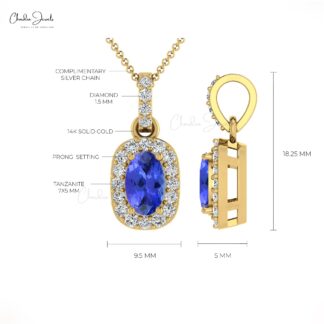 Dainty Diamond Halo Pendant With 7x5mm Tanzanite 14k Real Gold Necklace For Her