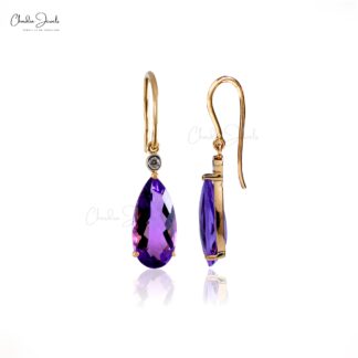 Two Stone Hook Earring In 14k Yellow Gold Amethyst And Diamond Dangle Wedding Earrings