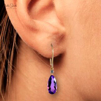 Two Stone Hook Earring In 14k Yellow Gold Amethyst And Diamond Dangle Wedding Earrings