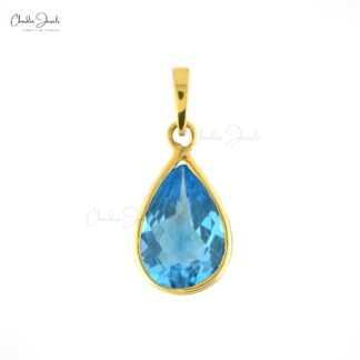 Dangle Pear Cut Pendant With 9x6mm Swiss Blue Topaz 14k Yellow Gold Solitaire Necklace
