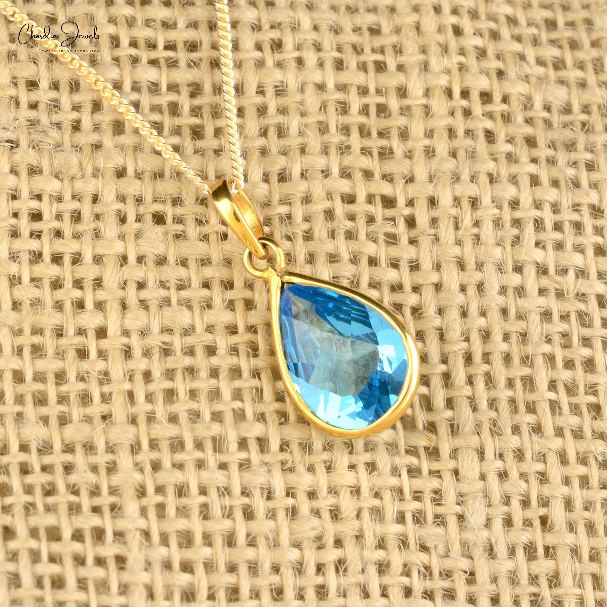 Dangle Pear Cut Pendant With 9x6mm Swiss Blue Topaz 14k Yellow Gold Solitaire Necklace