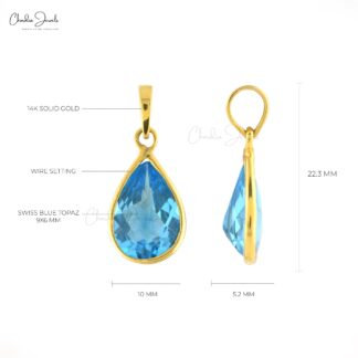 Dangle Pear Cut Pendant With 9x6mm Swiss Blue Topaz 14k Yellow Gold Solitaire Necklace