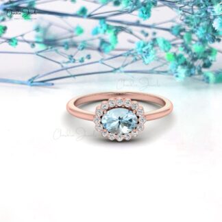 Diamond Halo Wedding Ring With 7x5mm Aquamarine 14k Real Gold Rings For Women