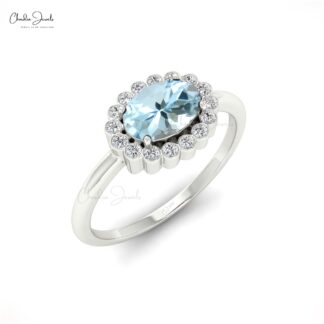 Diamond Halo Wedding Ring With 7x5mm Aquamarine 14k Real Gold Rings For Women