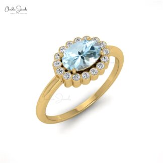 Diamond Halo Wedding Ring With 7x5mm Aquamarine 14k Real Gold Rings For Women
