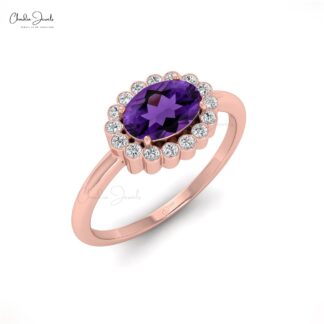 Oval Engagement Ring in 14k Solid Gold Amethyst 0.72 Ct Gemstone And Diamond Halo Ring
