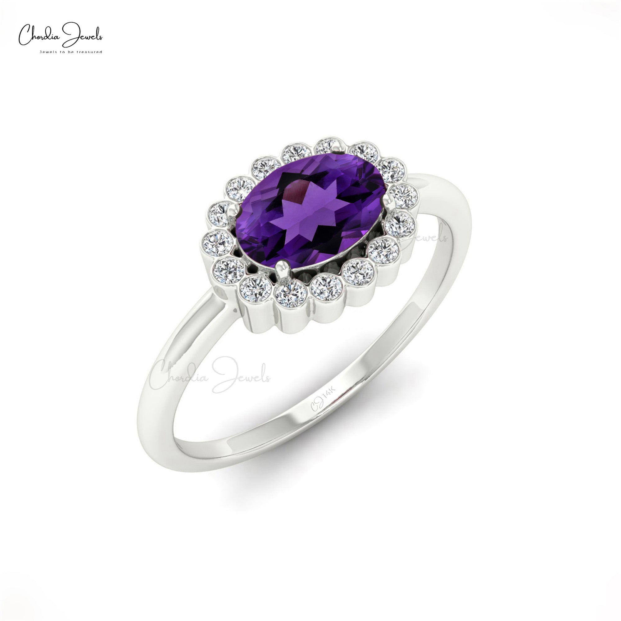 Oval Engagement Ring in 14k Solid Gold Amethyst 0.72 Ct Gemstone And Diamond Halo Ring