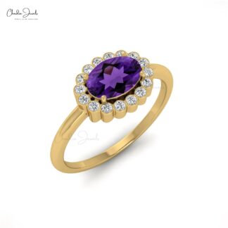 Oval Engagement Ring in 14k Solid Gold Amethyst 0.72 Ct Gemstone And Diamond Halo Ring