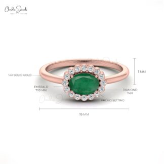 Genuine 0.72Ct Green Emerald Gemstone & Diamond Halo Ring in 14k Solid Gold