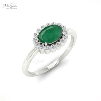 Genuine 0.72Ct Green Emerald Gemstone & Diamond Halo Ring in 14k Solid Gold
