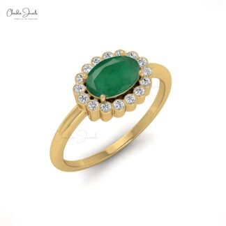 Genuine 0.72Ct Green Emerald Gemstone & Diamond Halo Ring in 14k Solid Gold