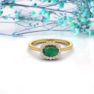 Genuine 0.72Ct Green Emerald Gemstone & Diamond Halo Ring in 14k Solid Gold