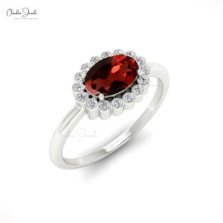 Oval Shaped 7x5mm Garnet Diamond Halo Ring for Her