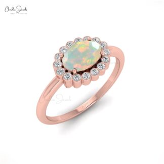 Solid 14k Gold Halo Diamond Ring With 7x5mm Fire Opal October Birthstone Women Ring