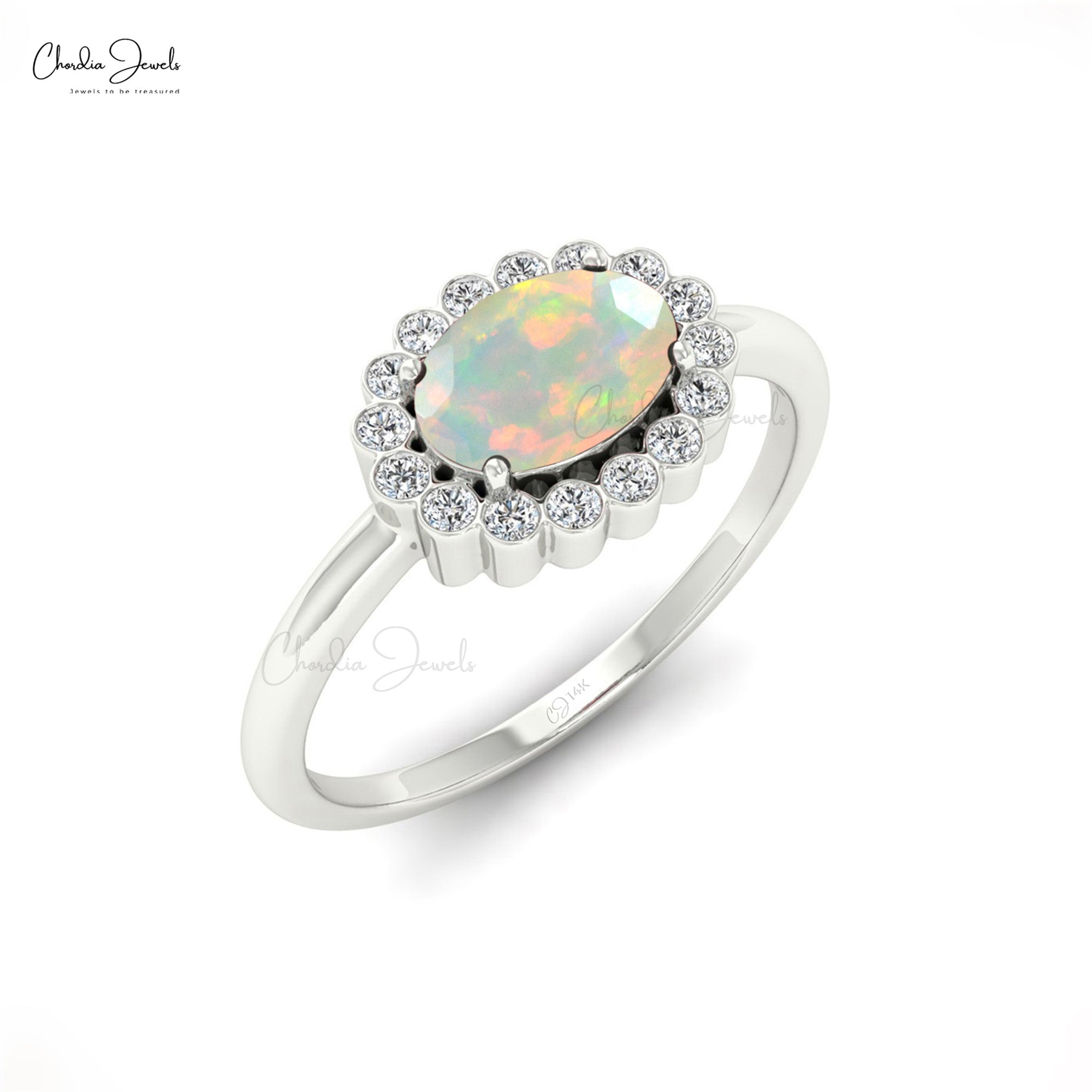 Solid 14k Gold Halo Diamond Ring With 7x5mm Fire Opal October Birthstone Women Ring