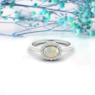 Solid 14k Gold Halo Diamond Ring With 7x5mm Fire Opal October Birthstone Women Ring