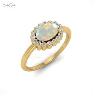 Solid 14k Gold Halo Diamond Ring With 7x5mm Fire Opal October Birthstone Women Ring