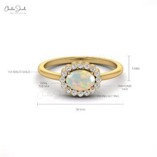 Solid 14k Gold Halo Diamond Ring With 7x5mm Fire Opal October Birthstone Women Ring