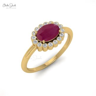 Natural Ruby 7×5 mm Oval Cut Gemstone and Diamond Ring in 14k Solid Gold