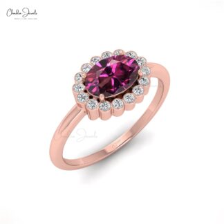 Halo Wedding Ring in 14k Gold With 7x5mm Rhodolite Garnet And Pave Diamond Ring