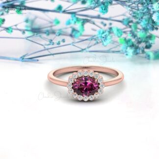 Halo Wedding Ring in 14k Gold With 7x5mm Rhodolite Garnet And Pave Diamond Ring