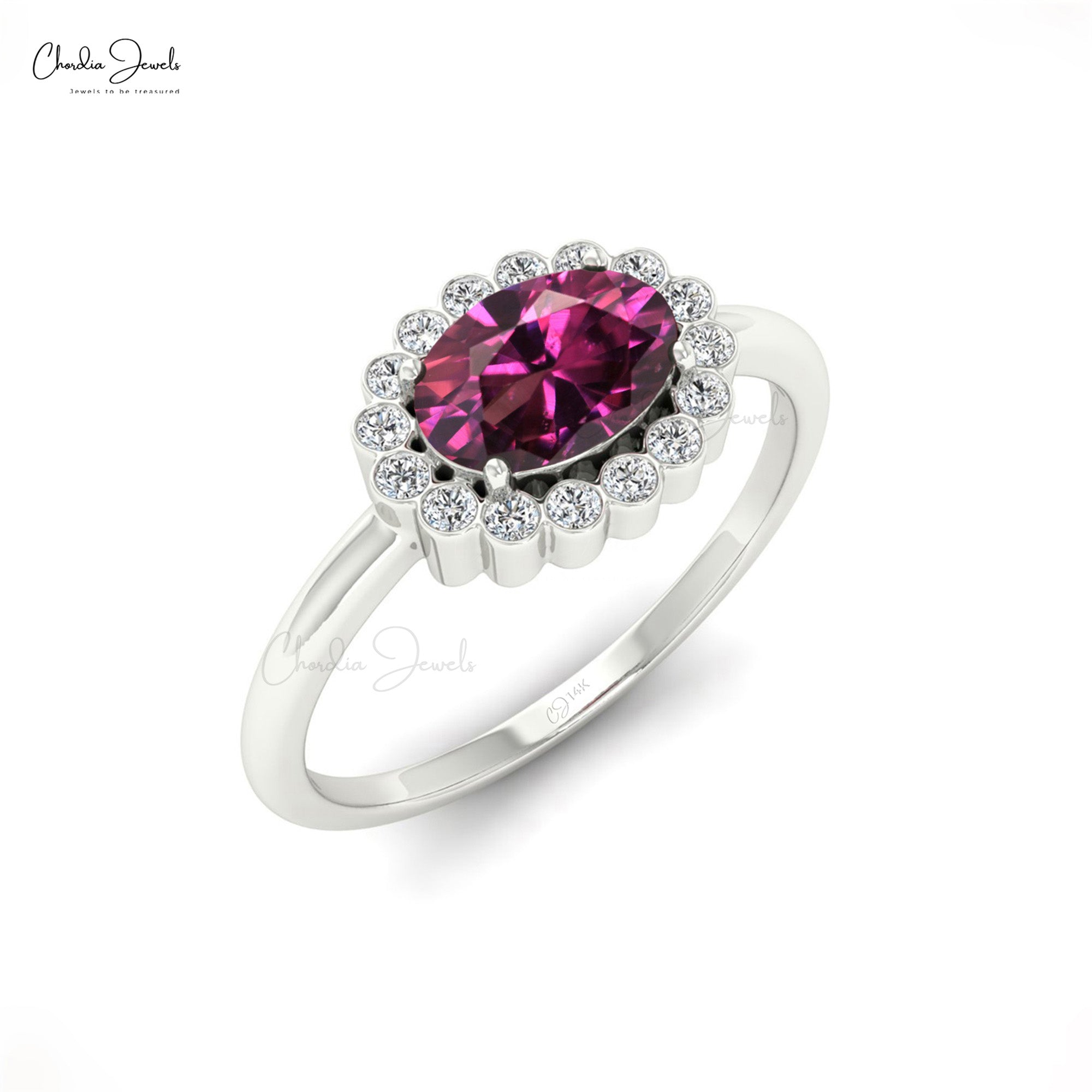 Halo Wedding Ring in 14k Gold With 7x5mm Rhodolite Garnet And Pave Diamond Ring