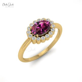 Halo Wedding Ring in 14k Gold With 7x5mm Rhodolite Garnet And Pave Diamond Ring