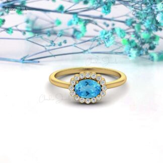 0.99 Carats Swiss Blue Topaz and Diamond Halo Ring For Anniversary in 14k Solid Gold