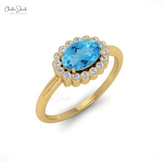 0.99 Carats Swiss Blue Topaz and Diamond Halo Ring For Anniversary in 14k Solid Gold