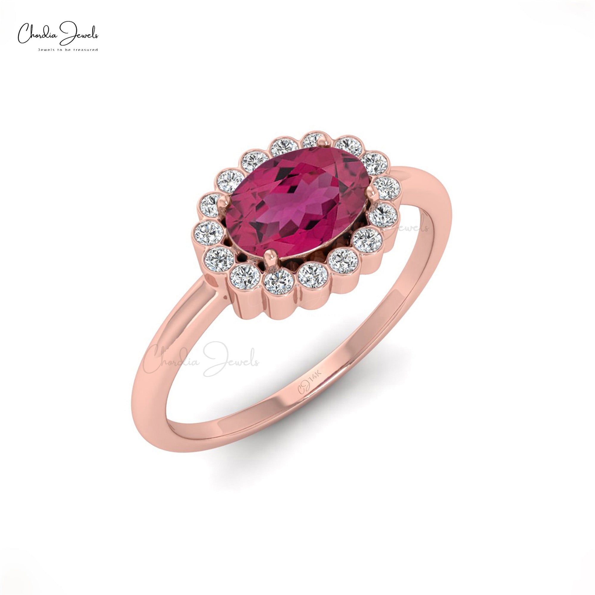 7x5mm Tourmaline Halo Engagement Ring with Bezel Diamond