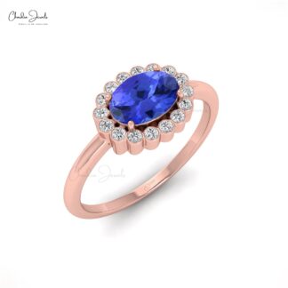 Halo Engagement Ring With 7x5mm Tanzanite And Bezel Diamond Accents In 14k Solid Gold Ring