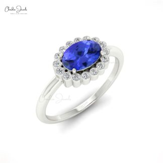 Halo Engagement Ring With 7x5mm Tanzanite And Bezel Diamond Accents In 14k Solid Gold Ring