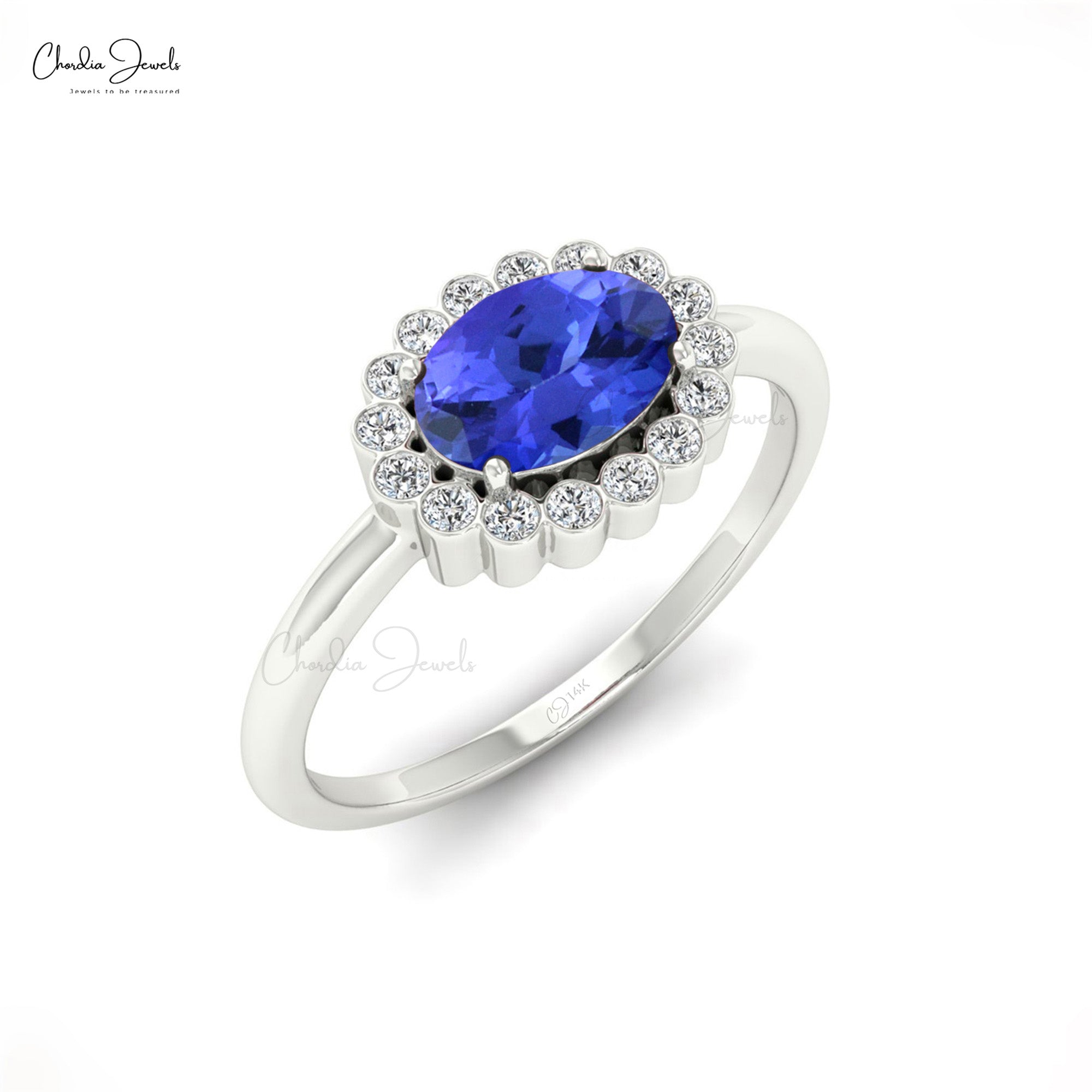 Halo Engagement Ring With 7x5mm Tanzanite And Bezel Diamond Accents In 14k Solid Gold Ring
