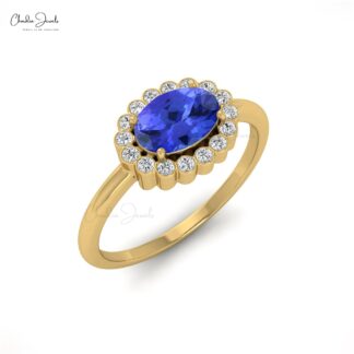 Halo Engagement Ring With 7x5mm Tanzanite And Bezel Diamond Accents In 14k Solid Gold Ring