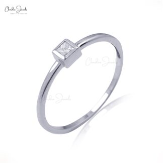 Square Cut Bezel Set Ring In 14k Real White Gold G-H Diamond Dainty Solitaire Rings