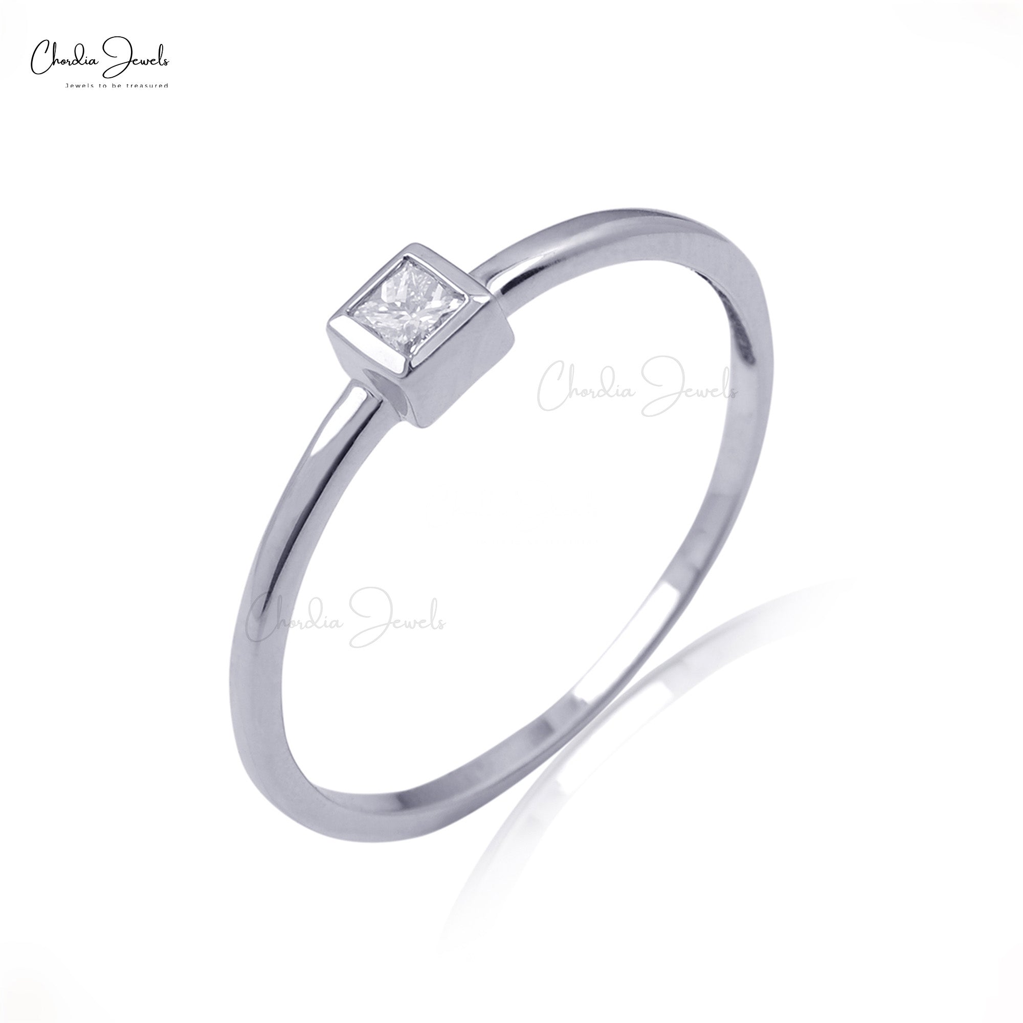 Square Cut Bezel Set Ring In 14k Real White Gold G-H Diamond Dainty Solitaire Rings