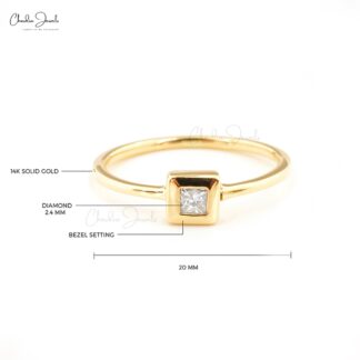 Single Stone Minimalist Ring With 2.4mm White Diamond 14k Solid Yellow Gold Solitaire Rings