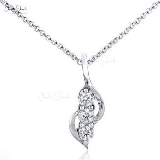 Three Stone Dainty Pendant In 14k Real White Gold G-H Diamond 2.1mm Round Pendants