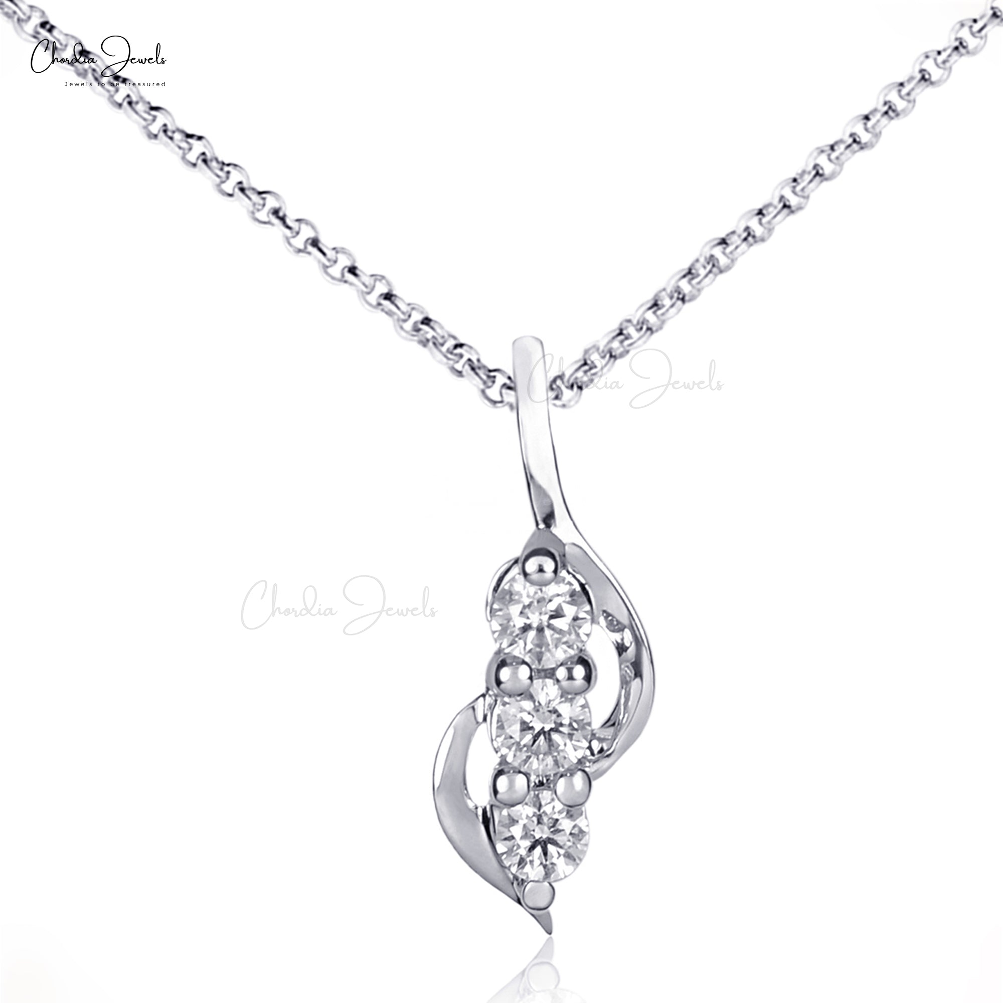 Three Stone Dainty Pendant In 14k Real White Gold G-H Diamond 2.1mm Round Pendants
