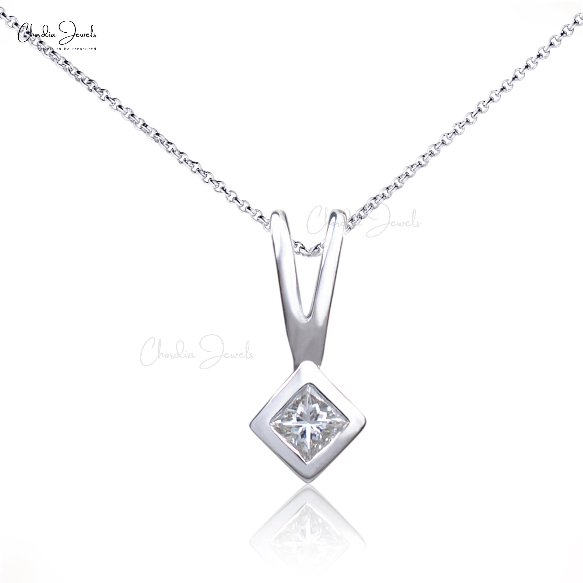 Single Stone Bezel Set Pendant In 14k Real White Gold Tiny Diamond Solitaire Pendants