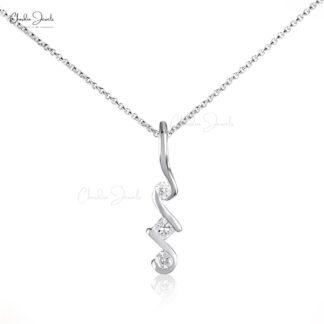 Square 3 Stone Pendant With 0.07 Ct Small Diamond 14k Solid White Gold Wave Necklace